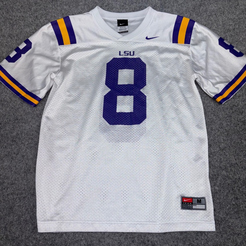 Nike LSU Tigers Football Jersey Youth Medium White Purple Gold Number 8 Athletic